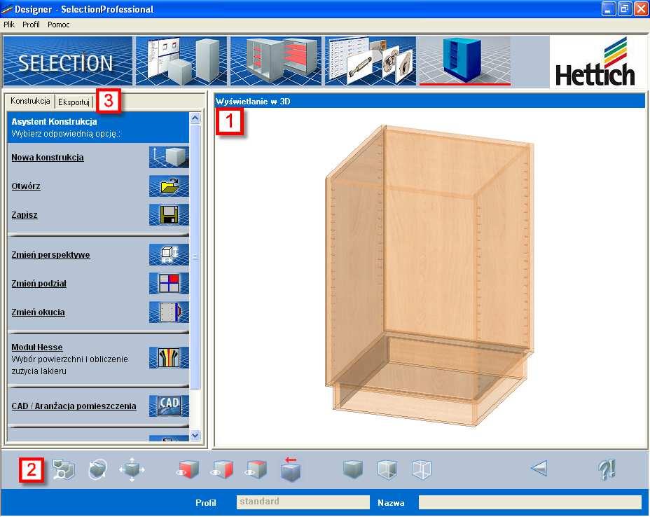 3.4 Struktura ekranu gotowa konstrukcja Podręcznik SelectionProfessional 1) Funkcje w oknie głównym W oknie tym pokazana jest gotowa konstrukcja szafki.
