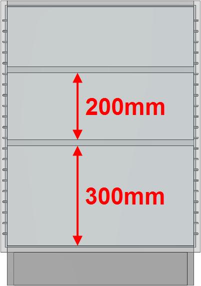 Podział 300mm:1:1:300mm wstawia również trzy przegrody środkowe. Szerokość w świetle pierwszej i ostatniej strefy wynosi 300mm.