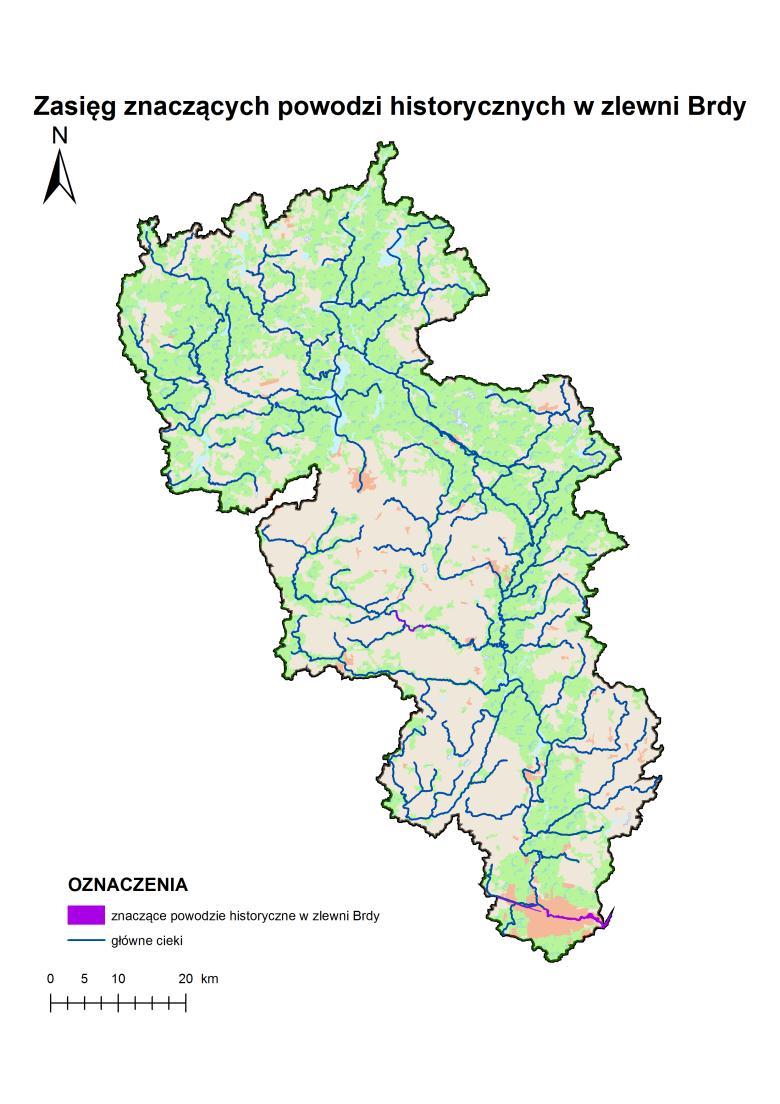 Znaczące powodzie historyczne mapa obrazująca zasięg oraz zestawienie tabelaryczne przedstawiające ocenę znaczących negatywnych skutków powodzi, które wystąpiły