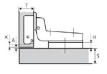 szt/pc zawias 45 stopni slide on concealed hinge 45 degrees slide on K - odległość wiercenia otworu pod zawias od krawędzi drzwi D - nałożenie drzwi X = 37mm - odległość montażu prowadnika od