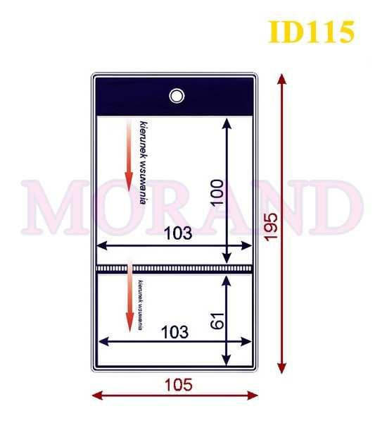 Wymiar zewnętrzny: 105x195 mm Wymiar wewnętrzny: 103x100 mm i 103x61 mm 2 kieszenie ID115