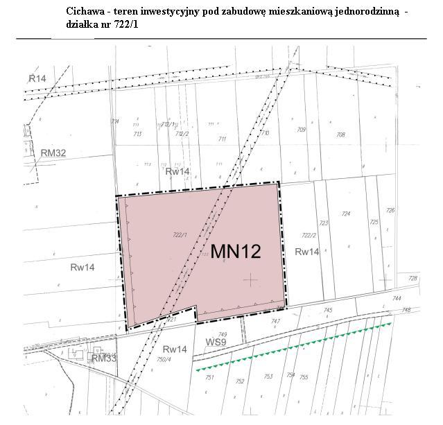 Załącznik 1 OBSZAR CICHAWA 1- teren mieszkaniowy Działka nr 722/1 Powierzchnia działki: 4,36 ha Przeznaczenie w planie miejscowym: MN12 teren zabudowy mieszkaniowej jednorodzinnej wraz z zabudową