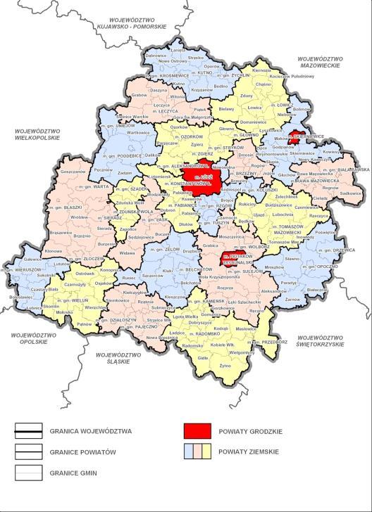 Rysunek 4 Podział administracyjny Województwa łódzkiego Województwo łódzkie położone jest w centrum Polski, na obszarze Niżu Środkowo - Polskiego, na Wzniesieniach Łódzkich.