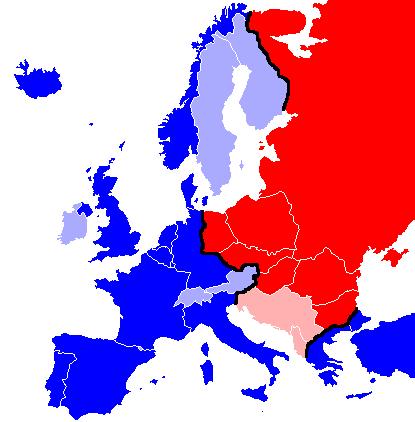 Europa została podzielo a a dwa bloki militarno polityczne; Churchill tak to opisał: Od Sz ze i a ad Bałtykie do Triestu nad Adriatykiem zapadła żelaz a kurtyna dzielą asz Ko ty e t.