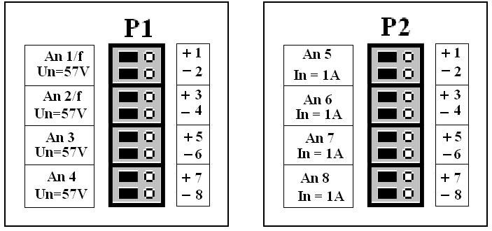 Rysunek 2: Opis pinów złączy Z i C1 Sekcja wejść analogowych (rys. 3) [Złącze P1] Złącze wejść analogowych (typu TOP 4) przystosowane do pomiarów napięciowych o napięciu nominalnym Un=57.6V.