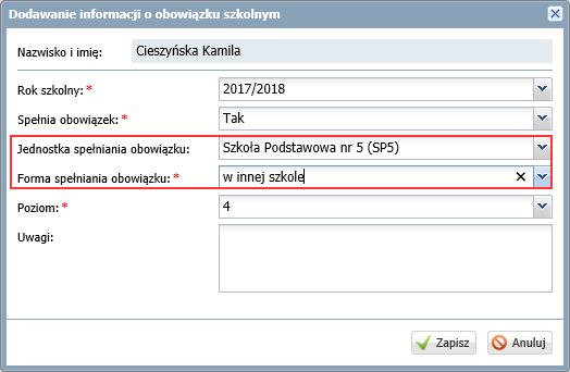 odnotować, że spełnia obowiązek szkolny w innej szkole. 1. Przejdź do widoku Kartoteki i księgi/ Uczniowie w oddziałach, wyświetl kartotekę ucznia i przejdź na kartę Miejsce w szkole. 2.