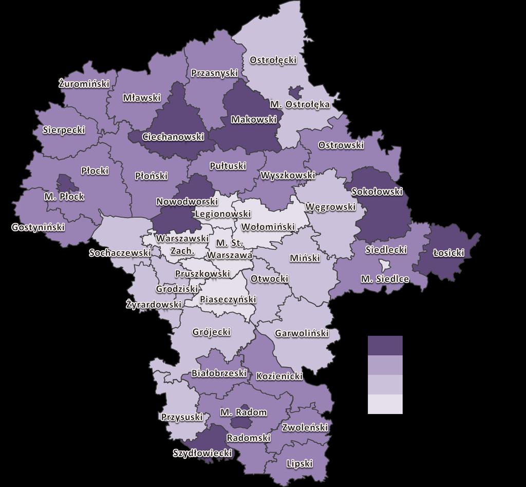 ZASOBY POMOCY SPOŁECZNEJ I INSTYTUCJI AKTYWNEJ INTEGRACJI Mapa 6. Spełnienie ustawowego obowiązku dot. liczby zatrudnionych pracowników socjalnych w gminach województwa mazowieckiego w 2014 r.