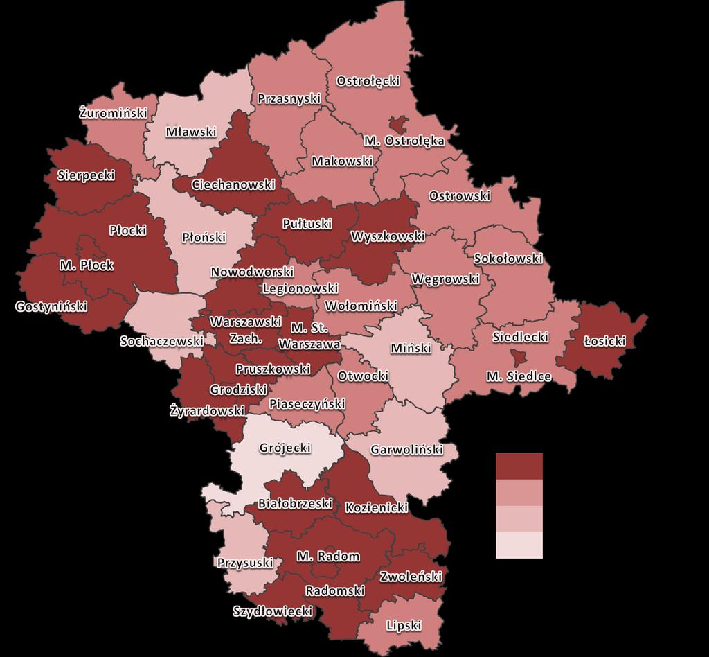 Źródło: Ocena zasobów pomocy społecznej za 2014 rok. Mapa 8.  w ujęciu powiatowym.