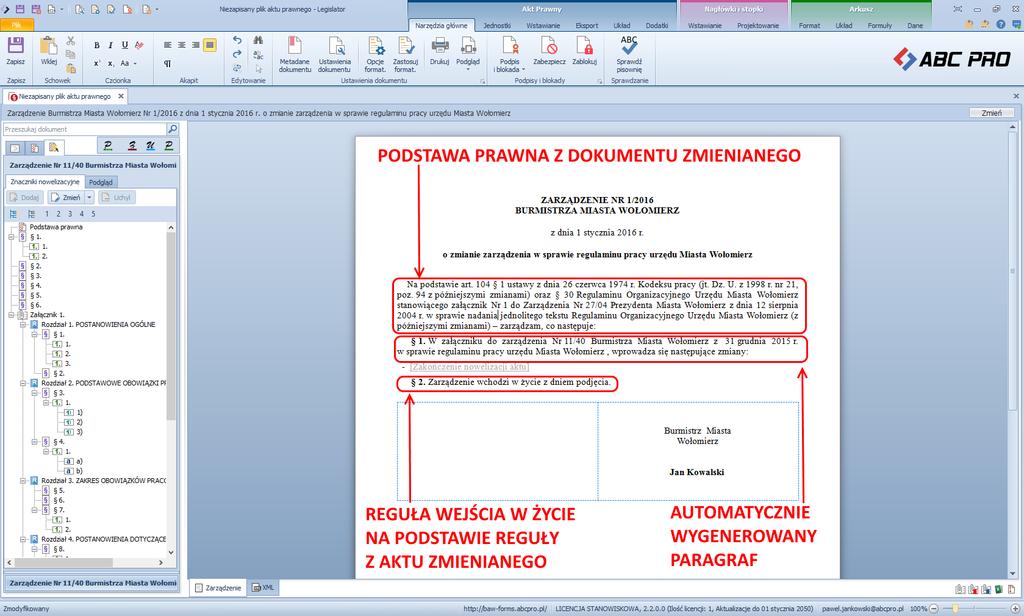 Otwarty zostanie nowy akt z uzupełnionymi podstawowymi danymi: Z lewej strony okna w zakładce Znaczniki nowelizacyjne mamy drzewo struktury aktu zmienianego.