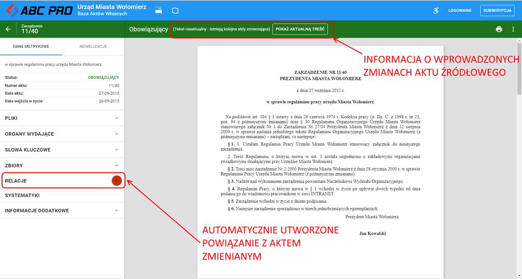 Poza widokiem metryki oraz treści aktu