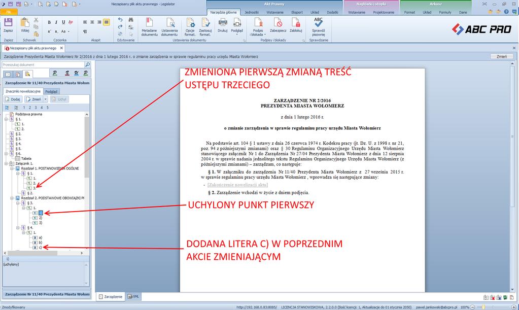 Po wybraniu Zakończ zostanie wyświetlone okno projektu aktu zmieniającego.