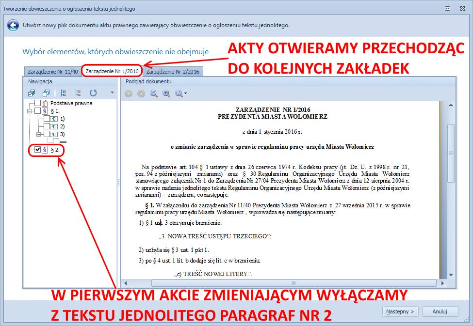 W naszym przykładzie wyłączymy z tekstu jednolitego informacje o wejściu w życie