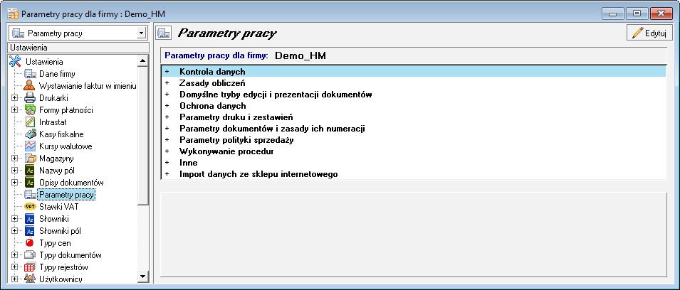 5.5.10 Parametry pracy Umożliwiają one zdefiniowanie takich ustawień dla każdej z zarejestrowanych w programie firm, aby praca w przebiegała w niej możliwie najsprawniej, z uwzględnieniem jej specyfiki.