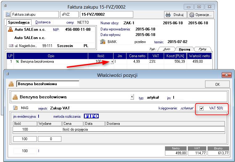 Rys. 76 Widok faktury zakupowej oraz okna Właściwości pozycji z włączonym parametrem VAT 50%.