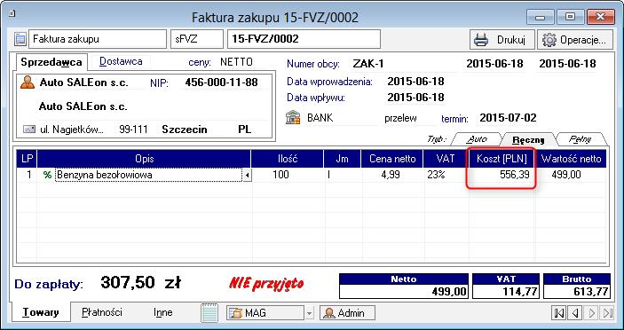 W polu Koszt [PLN] pozycji dokumentu prezentowana jest wartość będąca sumą Wartości netto z pozycji oraz część kwoty VAT niepodlegająca odliczeniu.