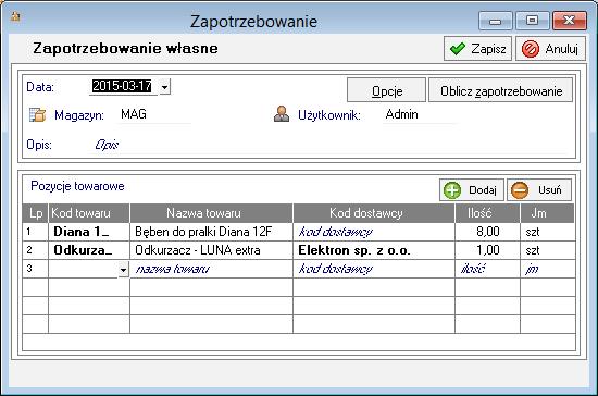 Rys. 88 Parametry obliczania zapotrzebowania. Lista towarów wraz z potrzebną ilością do zamówienia, pojawia się w tabelce Pozycje towarowe.