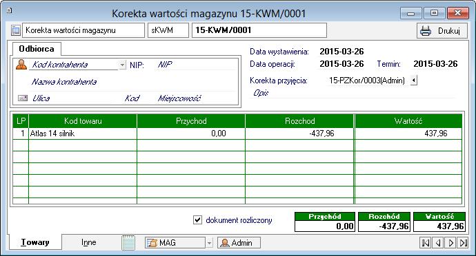 Rys. 92 Okno dokumentu Korekta wartości magazynu. 7.