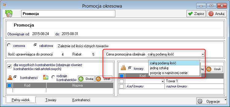 Wybór całą podaną ilość skutkuje tym, że podana cena w ramach promocji będzie dotyczyła wszystkich towarów tego samego rodzaju np.