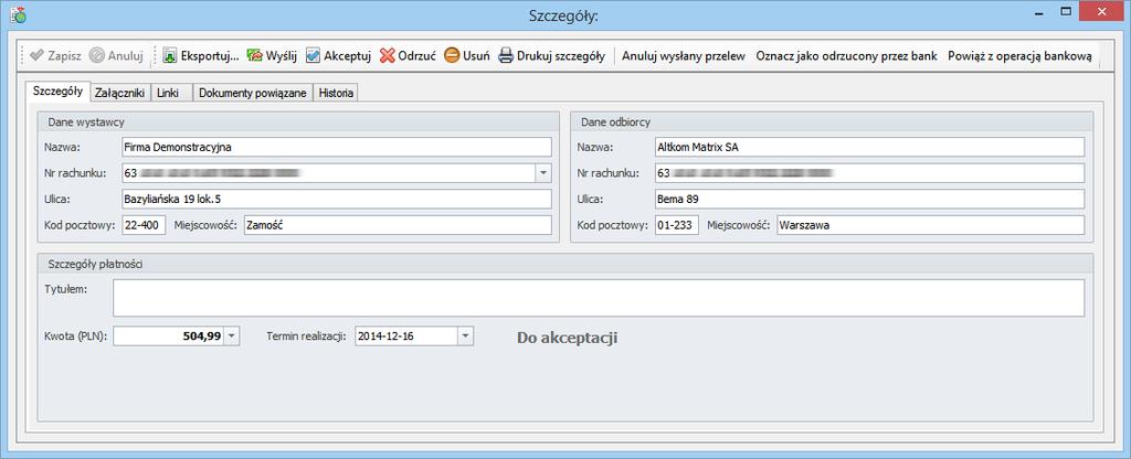 10.4.11.2 Pokaż e-przelewy Otwiera okno przelewów elektronicznych prezentując listę e-przelewów, dla zaznaczonych zobowiązań w Handlu. 10.4.11.3 Pokaż operacje bankowe Otwiera okno operacji bankowych i listę zaimportowanych do Handlu operacji bankowych.