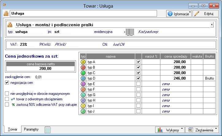 nie jest dozwolone dla faktury VAT RR. Strona Parametry zawiera te same informacje, co w przypadku towarów typu artykuł.