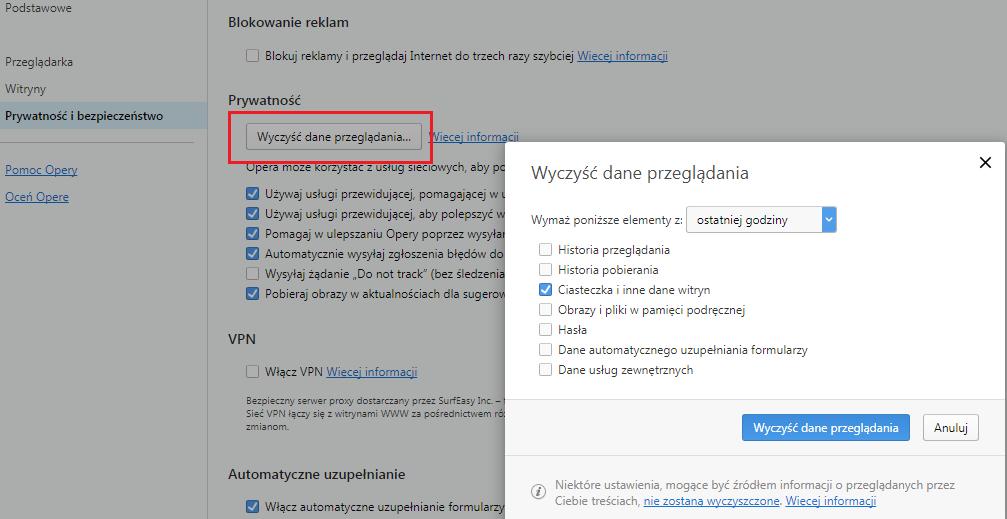 3. Otworzy się ekran opcji, kliknij [Wyczyść dane przeglądania] a następnie w otwartym oknie pop-up, zaznacz