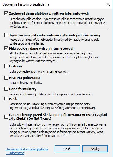 2. Zachowaj zaznaczenie pola wyboru obok pozycji [Pliki cookie i dane witryn internetowych]. 3.