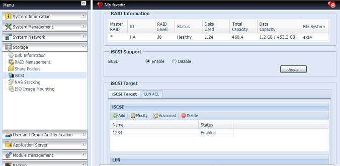 Docelowy iscsi W celu dodania docelowego woluminu iscsi kliknij przycisk iscsi dla skojarzonego woluminu RAID na rozwijalnej liście menu i wybierz potrzebny wolumin RAID.