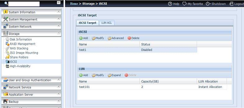 Modyfikacja woluminu iscsi W celu zmodyfikowania docelowego iscsi na bieżącym woluminie RAID wykonaj czynności opisane poniżej: 1.