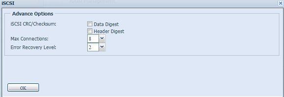 iscsi CRC/Checksum (iscsi CRC/suma kontrolna) W celu włączenia tej opcji, inicjator może łączyć się wykorzystując parametr Data digest (Przetwarzanie danych) lub Header digest (Przetwarzanie