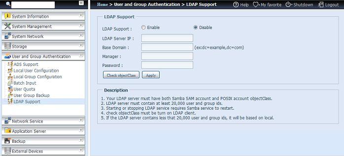 Opis pozycji jest następujący: LDAP Support (Obsługa LDAP) Pozycja Opis LDAP Service (Usługa Enable (Włącz) lub Disable (Wyłącz) usługę LDAP. LDAP) LDAP Server IP (IP Wpisz adres IP serwera LDAP.