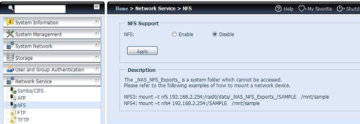działać jako serwer NFS, umożliwiając użytkownikom pobieranie i załadowywanie plików z wykorzystaniem ich ulubionych programów NFS. Naciśnij przycisk Apply (Zastosuj), aby potwierdzić ustawienia.