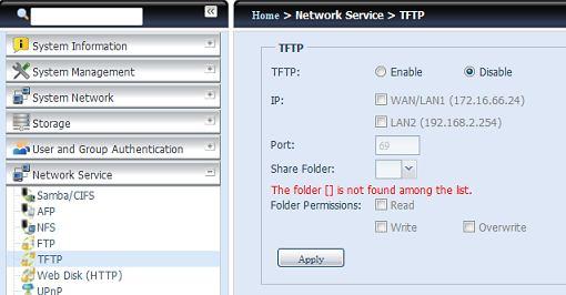 Opis pozycji jest następujący: TFTP Pozycja Opis TFTP Włącza usługę TFTP na dysku sieciowym Thecus.