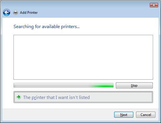 Aby przerwać wyszukiwanie drukarki przez system Windows Vista, możesz wybrać opcję Drukarka, którą chcę zainstalować nie jest na