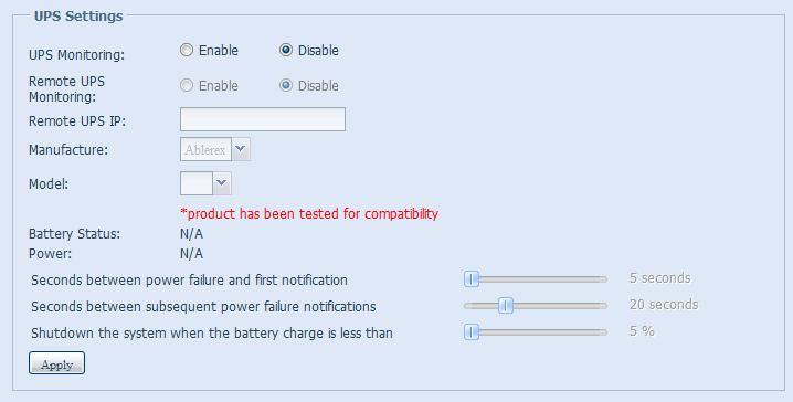 Zasilacz UPS W menu External Devices (Urządzenia zewnętrzne) wybierz pozycję Uninterrupted Power Source (Zasilacz UPS), co spowoduje wyświetlenie ekranu UPS Setting (Ustawienia UPS).