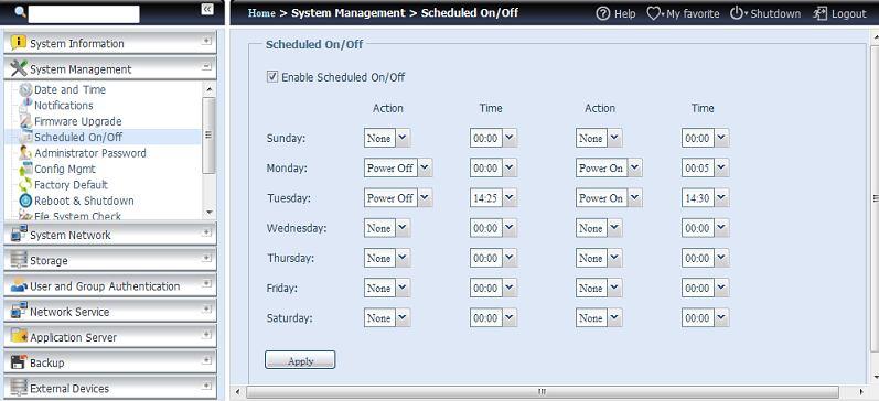 Przykład - Monday (Poniedziałek): On (Wł.): 8:00; Off (Wył.): 16:00 Urządzenie włączy się o godzinie 8:00 w poniedziałek i wyłączy o godzinie 16:00 w poniedziałek.