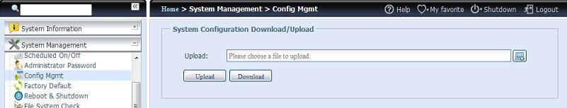 Config Mgmt (Zarządzanie konfiguracją) W menu wybierz pozycję Config Mgmt (Zarządzanie konfiguracją), co spowoduje wyświetlenie ekranu System Configuration Download/Upload (Pobieranie/wysyłanie
