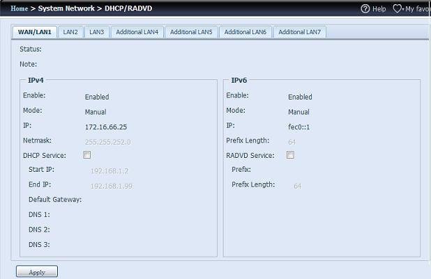 Konfiguracja serwera DHCP/RADVD Serwer DHCP/RADVD można skonfigurować tak, aby przypisywał adres IP (IPv4) lub prefiks (IPv6) do urządzeń podłączonych do skojarzonego portu NIC.