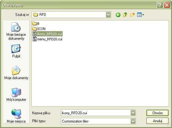 Rozdział 1 Wymagania sprzętowe i instalacja Aplikacji 19 Plik należy wskazać i wcisnąć "OPEN" ("OTWÓRZ") Od tego momentu nazwa pliku ikony_rfd będzie widoczna w