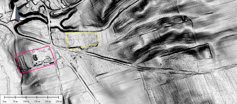 Ryc. 6. Ubedel. Cieniowany model numeryczny terenu (kolor różowy) pozostałości zabudowy. Przykład słabej czytelności zabytkowego cmentarza ewangelickiego (kolor żółty).