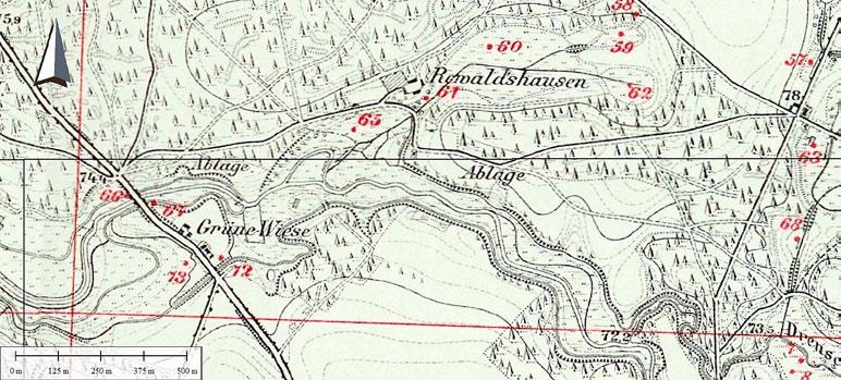 Location of buildings (see chapter 8). Fragment of a sheet of a topographic map 1:25 000 in a series of Messtischblätter (Source: Archiwum Map Zachodniej Polski" - http://mapy.amzp.pl/ (dostęp: 30.09.
