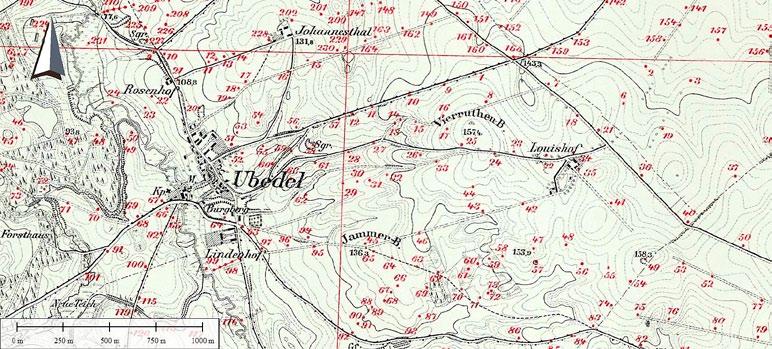 Ryc. 29. Lokalizacja Ubedel (Ubiedrze) i Louishof. Fragment arkusza mapy topograficznej 1:25 000 z serii (Źródło: Archiwum Map Zachodniej Polski" - http://mapy.amzp.pl/ (dostęp: 30.09.2015)). Fig. 29. Location of Ubedel (Ubiedrze) and Louishof.