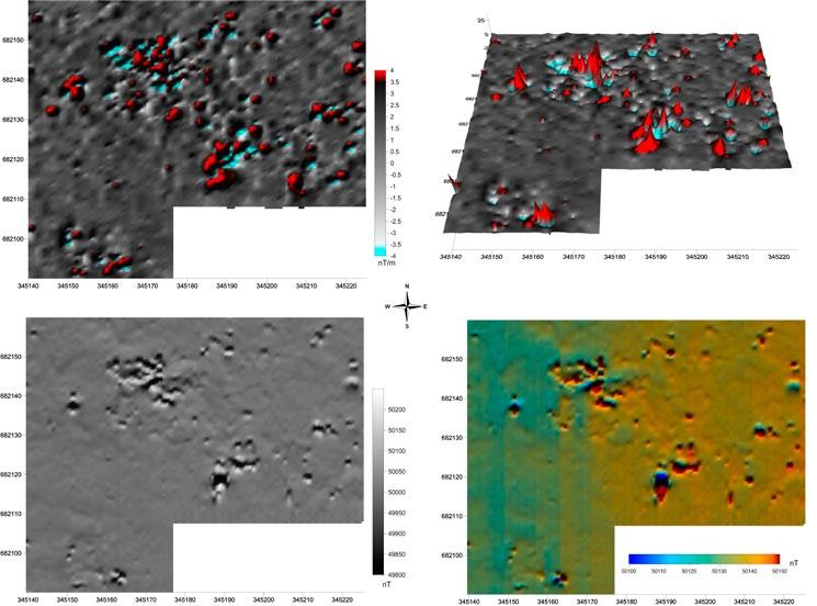 226 Ryc. 15. Zestawienie map i modeli 3D wyników prospekcji magnetycznej dla terenu prospekcji nowoodkrytych reliktów. Fig. 15. Compilation of maps and 3D models of the results of magnetic survey for the area containing newly discovered remains.