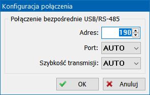 W połączeniu bezpośrednim poprzez konwerter USB/RS-485 ze sterownikiem VIRGO, istnieje możliwość konfiguracji. W tym celu wybieramy z menu Ustawienia -> Komunikacja.