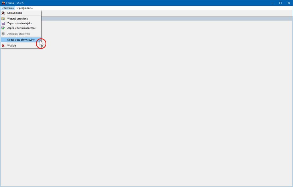 Aby dodać klucz aktywacyjny dla kolejnego sterownika należy wybrać z menu Ustawienia ->