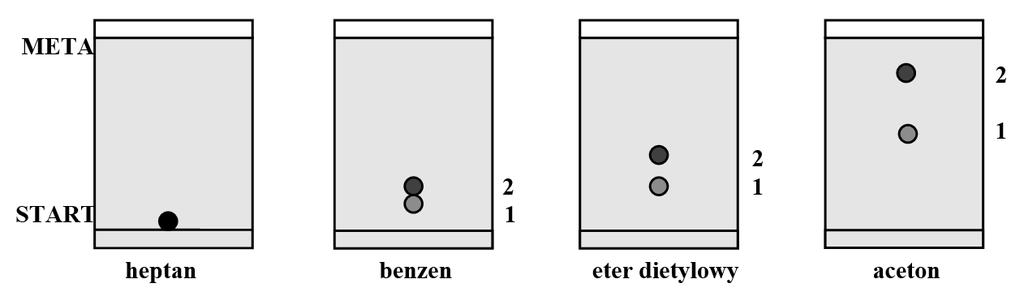 6 wartości współczynnika RF (0,6 0,9) jest odwrotnie. Na Rys. 4 substancje wzorcowe 1, 2, 3 przebyły takie same drogi (mają takie same wartości RF), jak odpowiednie substancje w mieszaninie M.