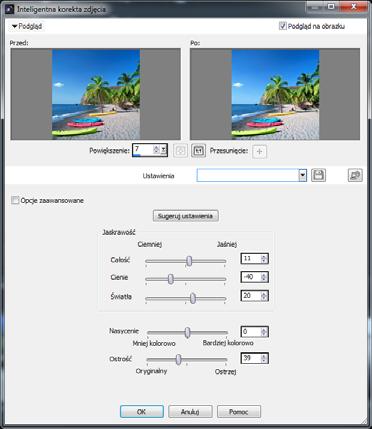 Funkcja Inteligentna korekta zdjęcia pozwala na kontrolę stopnia i typu korekcji stosowanych do obrazka.