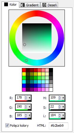 Koło barwy Pole nasycenia i jasności Panel Kolory podstawowe Wartości RGB Wartości HSL Pole wyboru Połącz kolory Kod koloru HTML Selektor kolorów Wygląd selektora kolorów zależy od głębi kolorów w