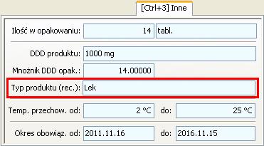 Karta BLOZ zakładka Ctrl+3 Inne - Typ produktu zmodyfikowano kartę BLOZ poprzez dodanie informacji związanej z typem produktu a wymaganym do zestawienia XML dla NFZ (Lek, Środek spożywczy specjalnego