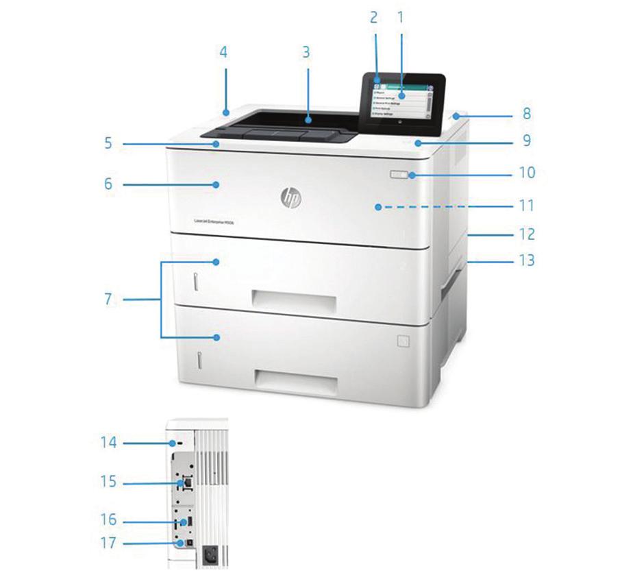 Przegląd produktu Na ilustracji przedstawiono model HP LaserJet Enterprise M506x 1.