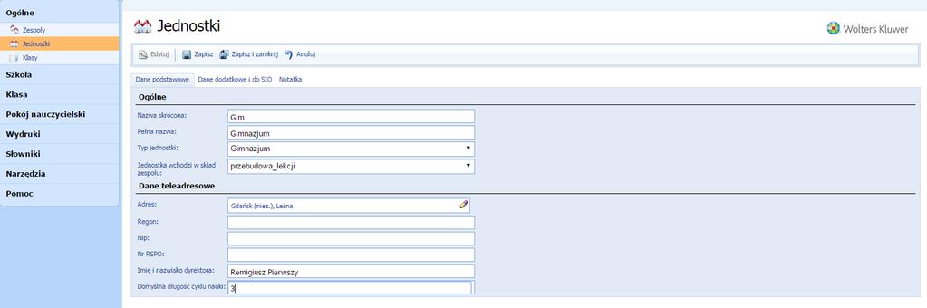 Rysunek 5. Okno dodawania jednostki szkolnej.